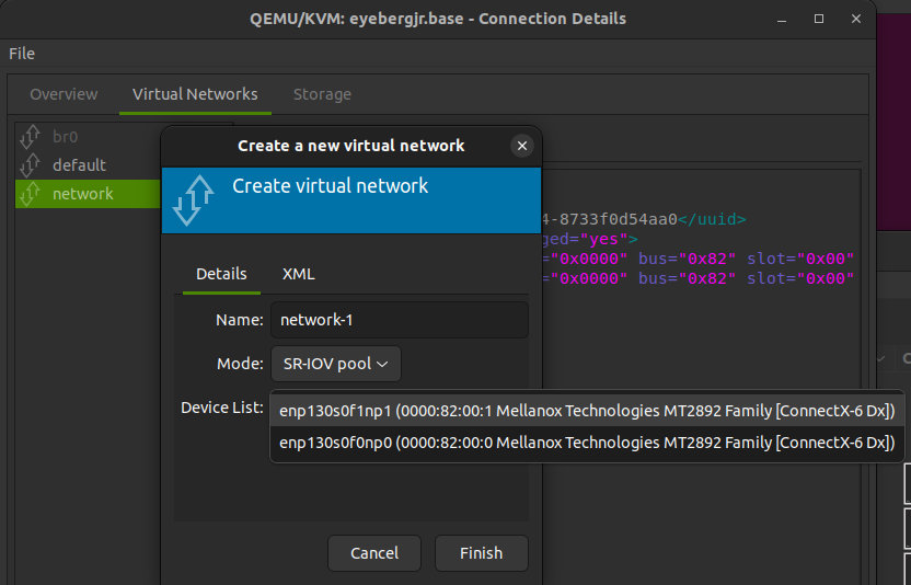 Creating the hostdev network (SR-IOV pool).